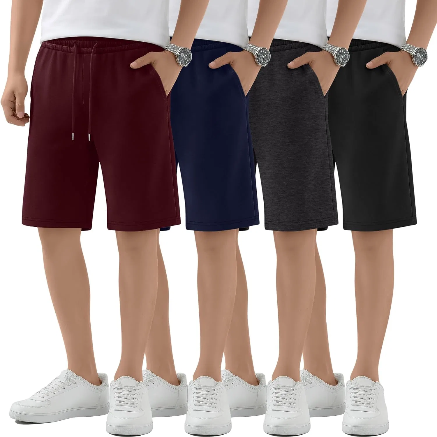 Детские спортивные шорты с карманами LessonZoo, 4 пары, цвета Black, Dark Gray, Dark Blue, Burgundy