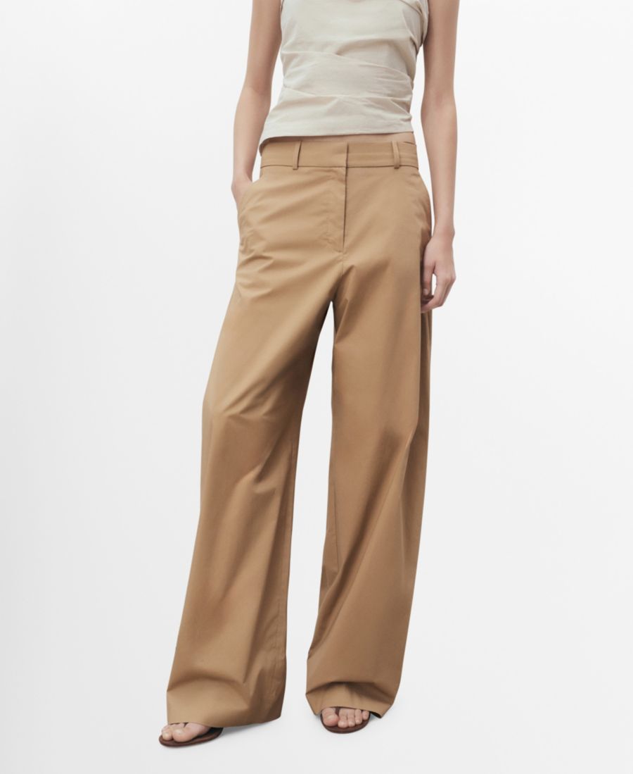

Женские хлопковые брюки со средней посадкой и широкими штанинами MANGO, Medium Brown