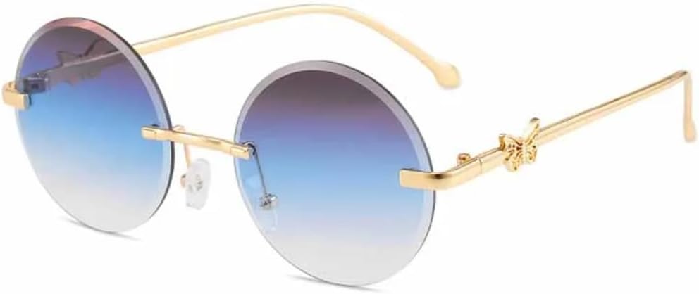 

Модные большие круглые солнцезащитные очки без оправы для женщин, роскошные очки с декором в виде бабочек, металлические дужки, мужские дорожные очки UV400 TVTBBVV, Gold Gray Blue