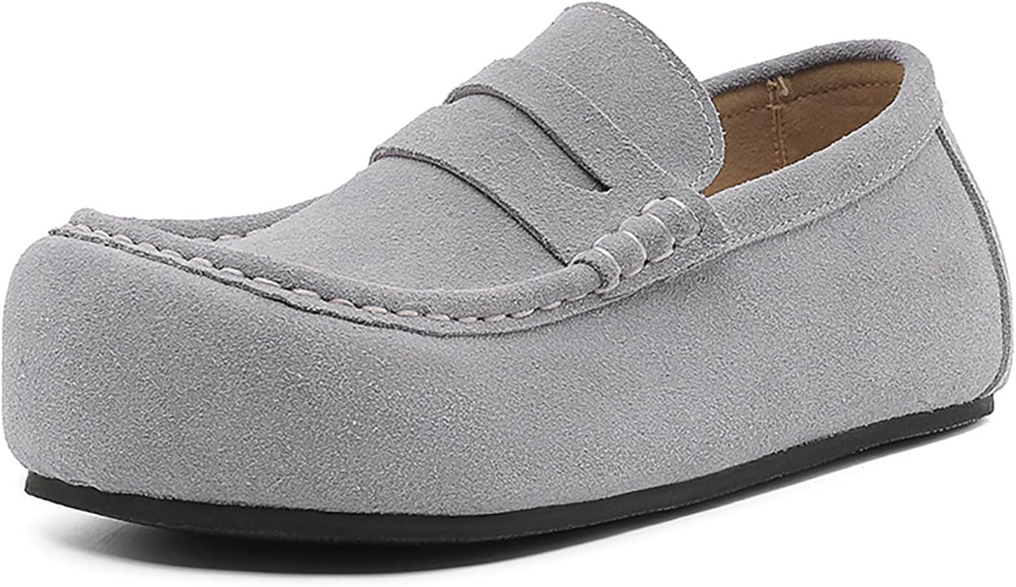 

Мужские замшевые лоферы с широкой передней частью, круглым носком, без застежки, удобные, с противоскользящей подошвой, плоским каблуком, классические туфли Penny, легкие лодочные туфли для повседневной прогулки и вождения Xhognls, светло-серый