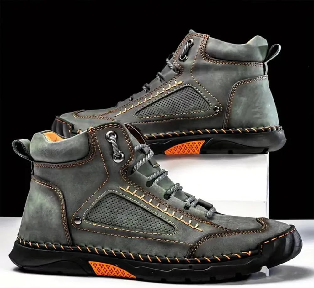 Мужские удобные кожаные ботинки ручной работы, уличные кожаные ботинки, водонепроницаемые, с поддержкой свода стопы, с просторным носком Generic, темно-синий — фото 4