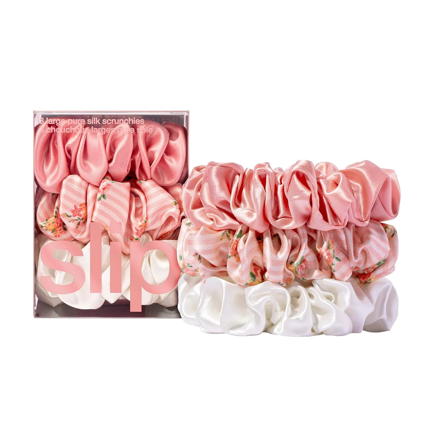 Набор шелковых резинок для волос Slip Silk из 100% тутового шелка, 3 шт. Slip, Pink, White, Petal