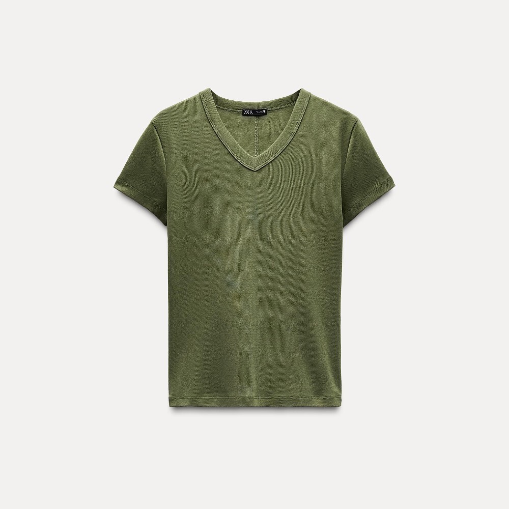 

Футболка Zara V-neck Cotton, хаки
