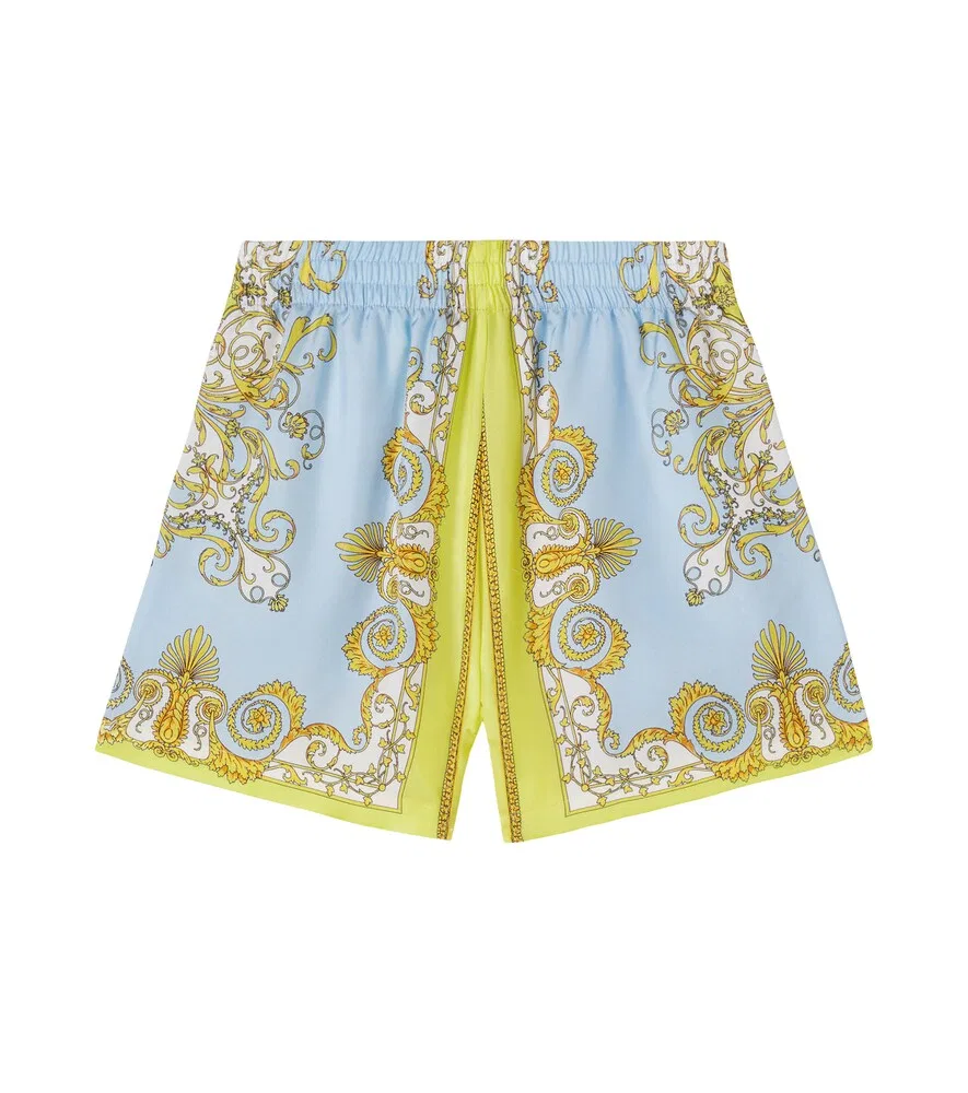 Шелковые шорты в стиле барокко Versace Kids, синий — фото 4