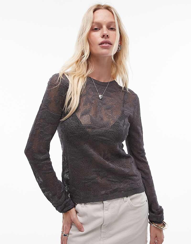 

Topshop Темно-серый прозрачный вязаный топ с цветочным принтом и длинными рукавами