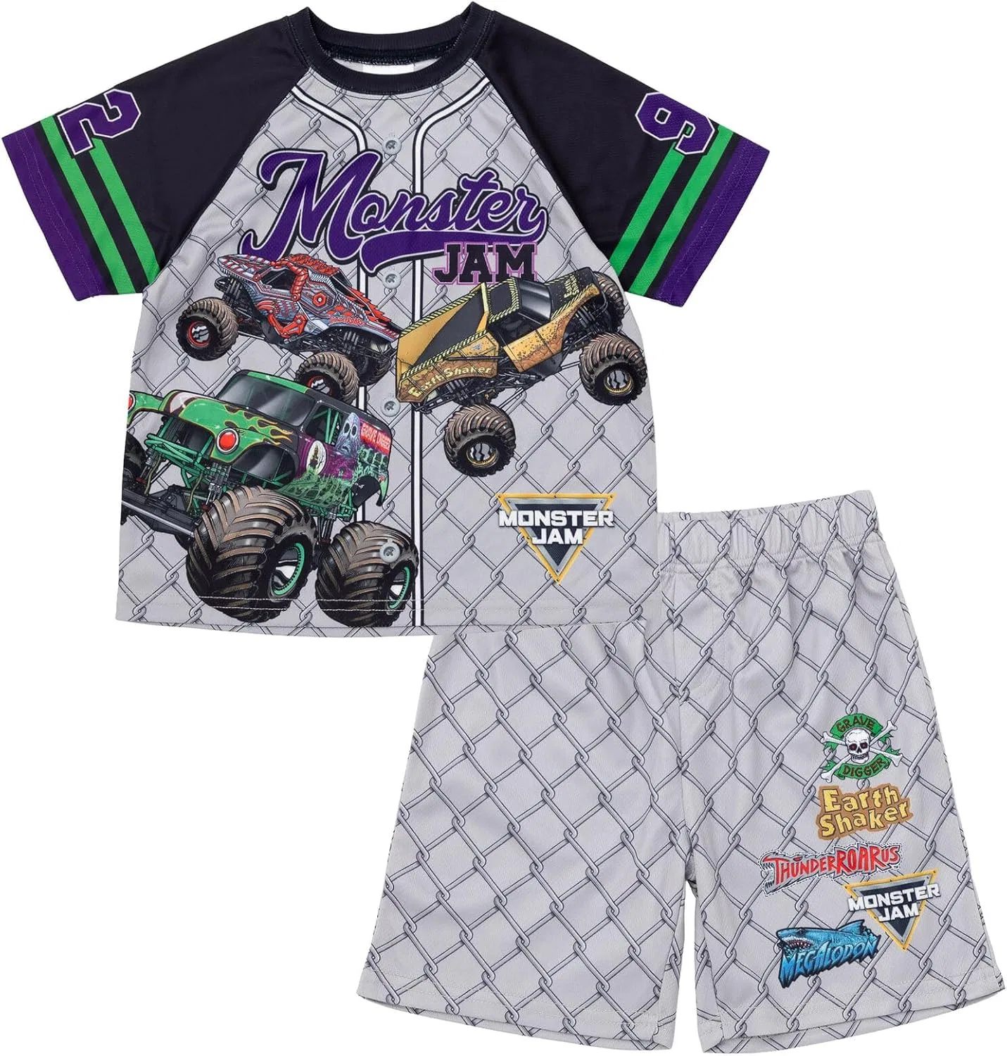 Комплект одежды Monster Jam: спортивная сетчатая бейсбольная футболка и шорты для малышей и детей постарше. Включает в себя: могильщика, мегалодона и дигатрона, Gray/Black/Purple