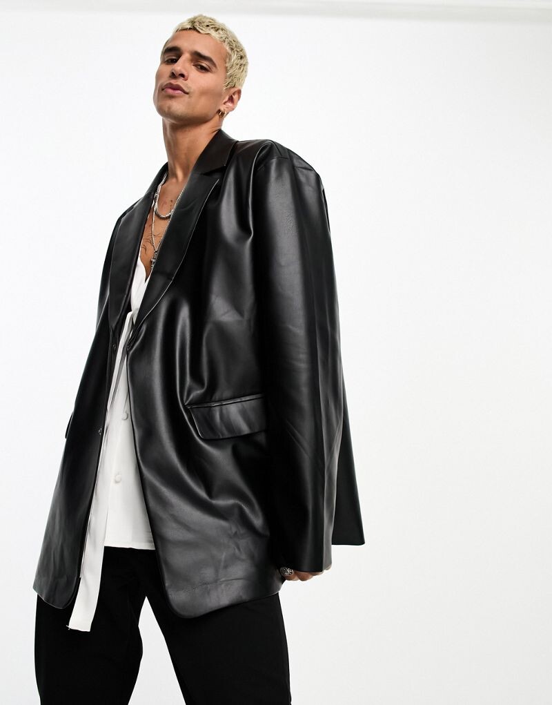 

Черный кожаный пиджак оверсайз ASOS DESIGN