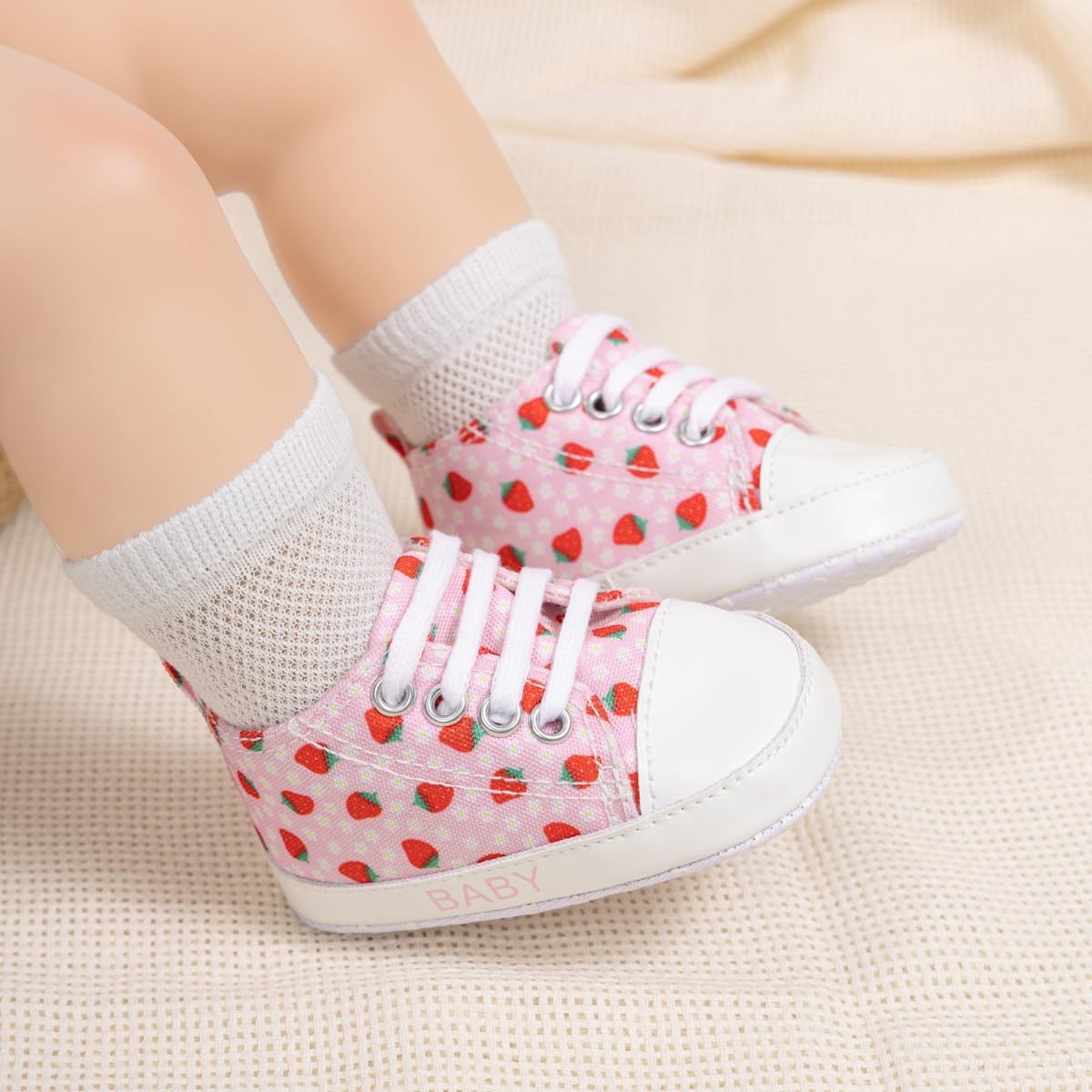 Детские кеды KIDSUN унисекс для мальчиков и девочек, с мягкой подошвой, на шнуровке, для новорожденных, обувь для первых шагов, для малышей, комнатная обувь, D1-strawberry — фото 2