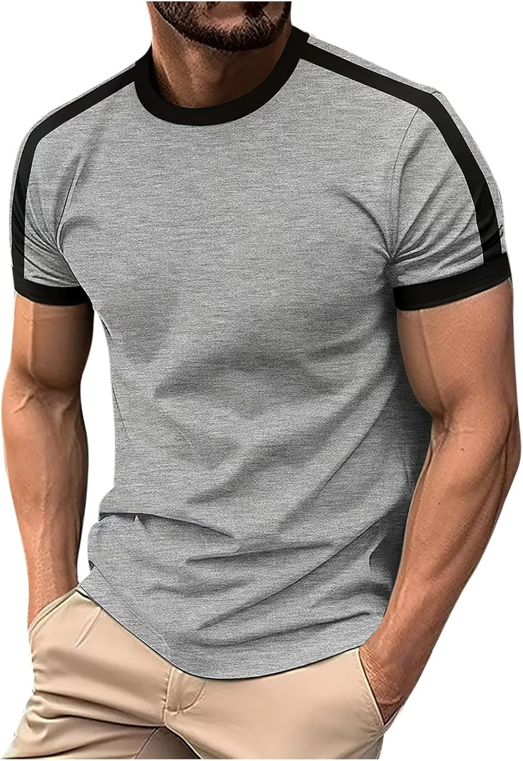 

Мужская футболка с контрастными деталями, короткий рукав, Crew Neck, Quick Dry