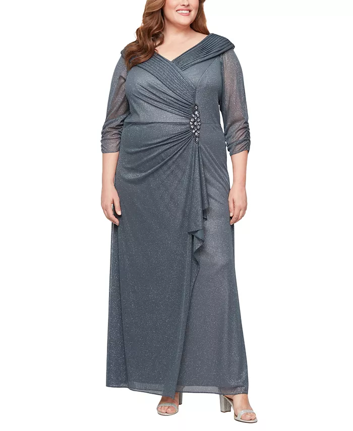 

Платье А-силуэта большого размера с длинным воротником-стойкой и блестками, дымчатого цвета, с рукавами 3/4 Alex Evenings