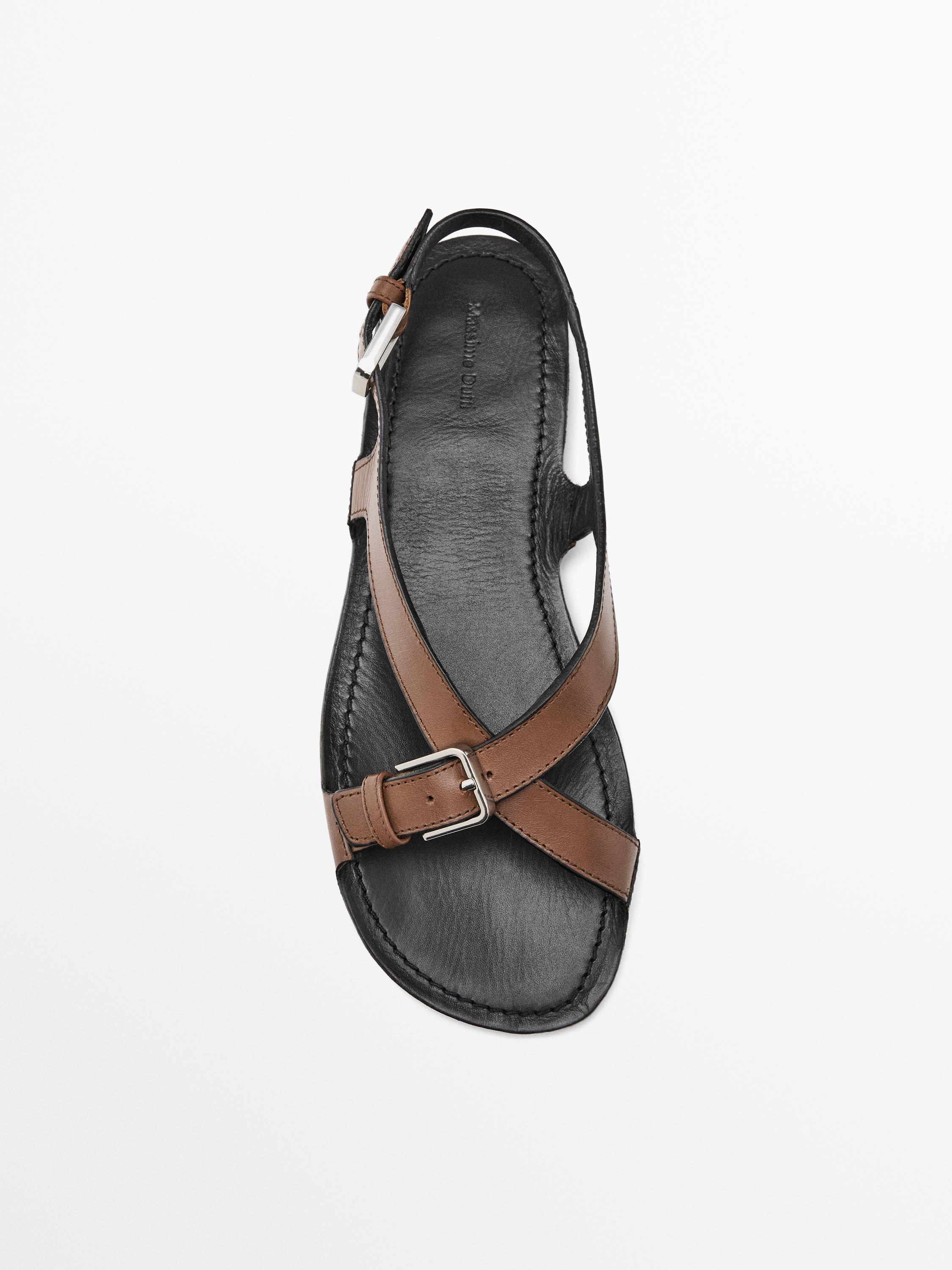 Плоские кожаные сандалии с пряжками Massimo Dutti, коричневый — фото 3