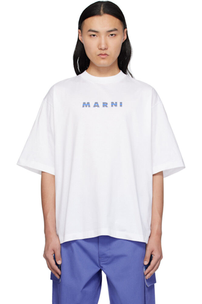 

Белая клетчатая футболка с круглым вырезом и логотипом «Marni»