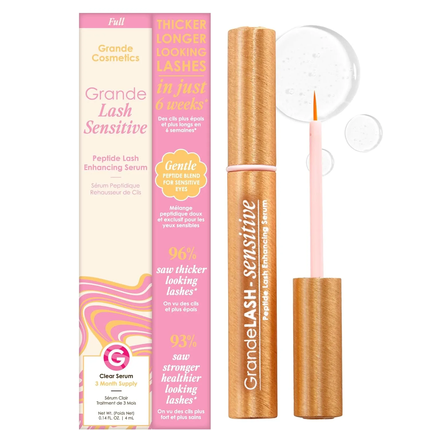 Grande Cosmetics GrandeLASH-Sensitive сыворотка для ресниц без простагландинов с пептидами для более густых и длинных натуральных ресниц, обогащающий уход с питательными ботаническими компонентами, cruelty-free Полноразмерный, Gold