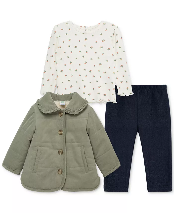 

Детский комплект для девочек: куртка из вельвета, футболка и джинсовые брюки, 3 предмета Little Me, зеленый