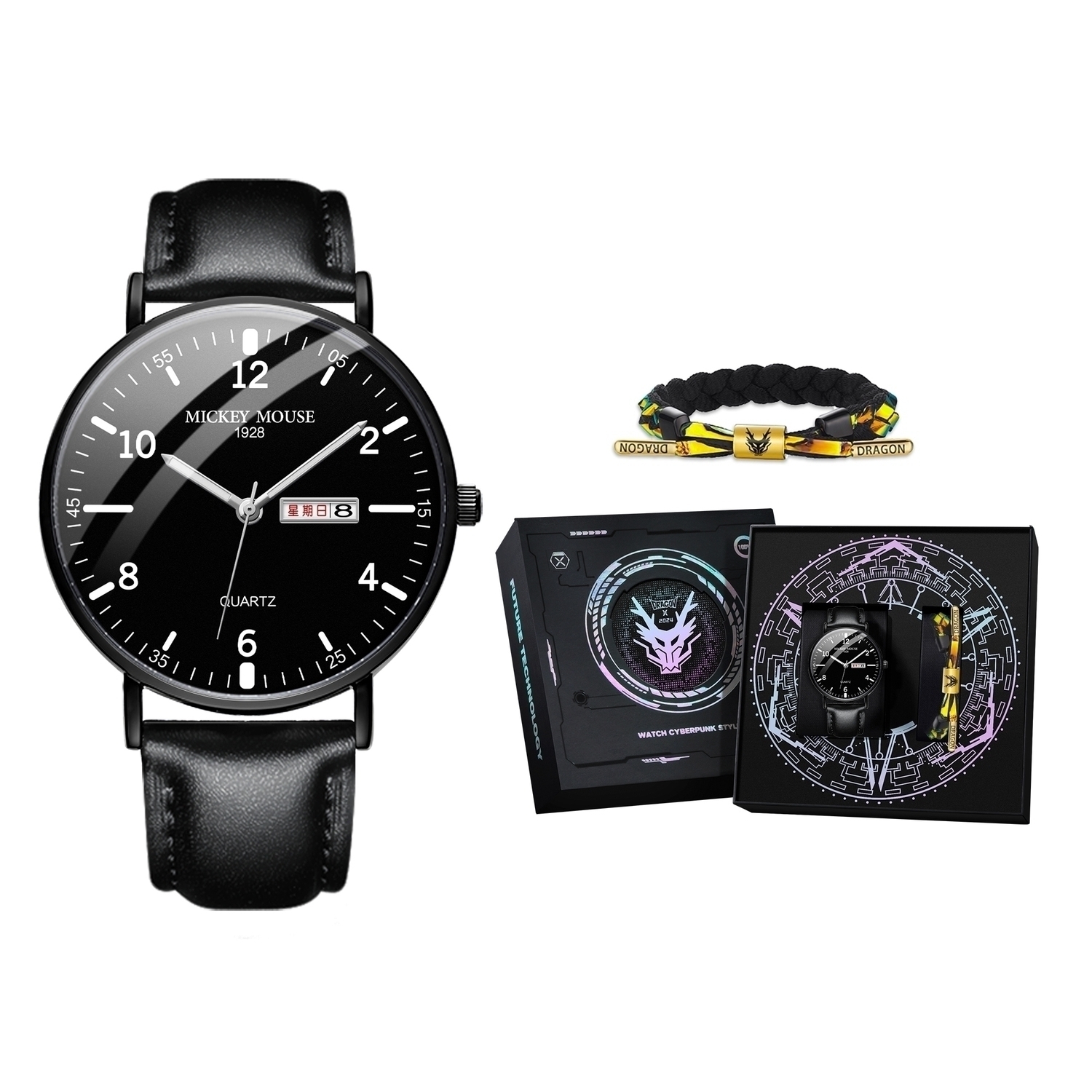 

Disney Часы Mickey Series Quartz Movement Steel Strap Watch Men's Watch Black Dial, MK-12053B2[Future Technology-Year of The Dragon Gift Box Set]