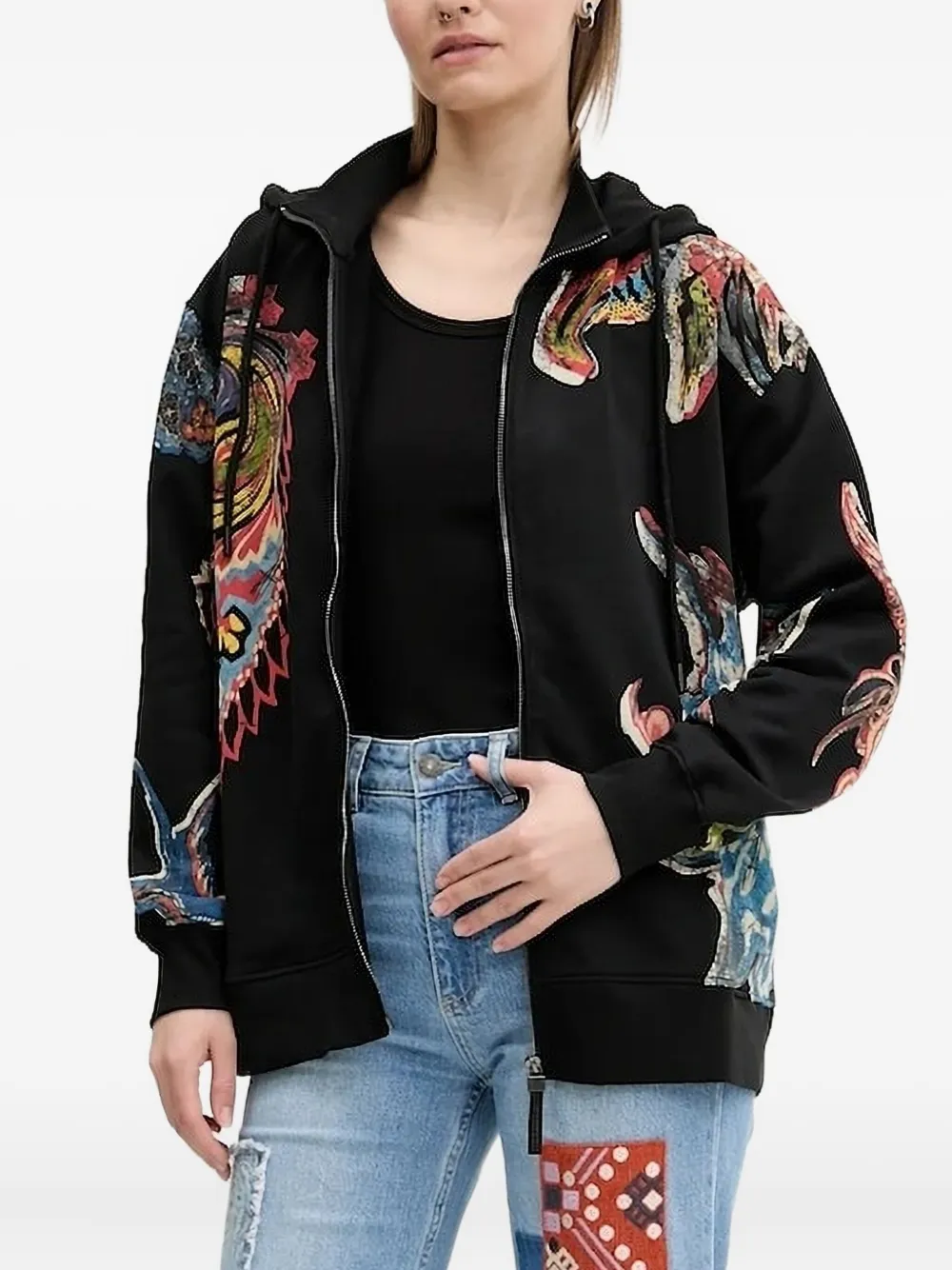 

Худи на молнии с абстрактным принтом Desigual, черный