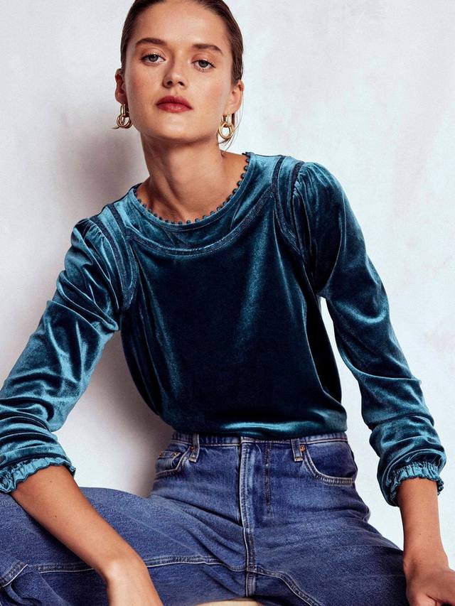 

Блузка Mila с длинными рукавами и круглым вырезом из вельвета Boden, Midnight Ocean