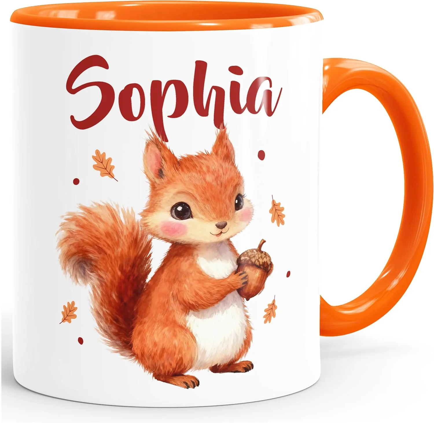 Детская кружка Squirrel с животными мотивами и именем, керамическая, для детей, мальчиков и девочек, подарок с именем, белая внутри, оранжевая, стандартная SpecialMe