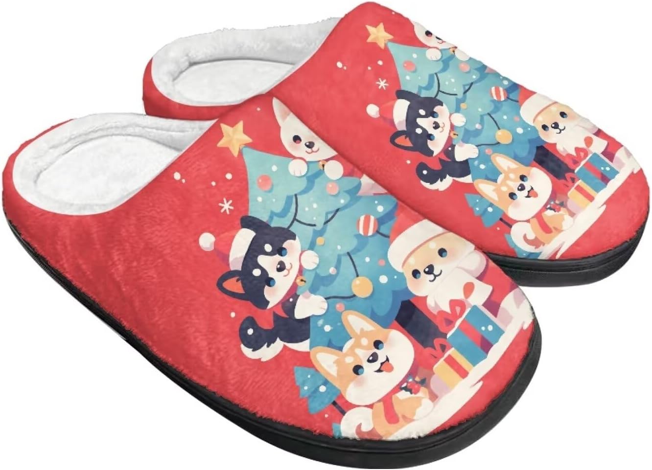 

Домашние тапочки для женщин и мужчин, теплые с эффектом памяти, пушистые тапочки Rweroyiu, Christmas Puppy