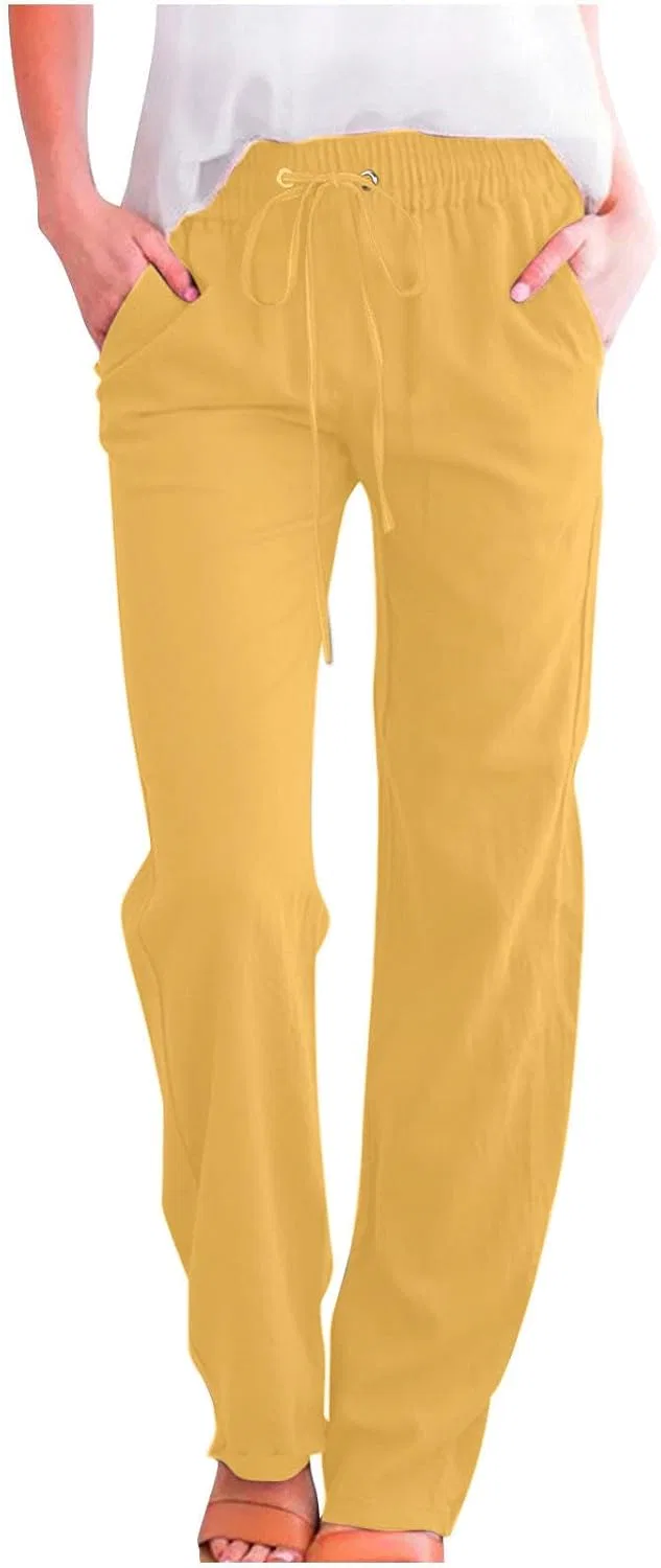 Женские брюки прямого кроя, Cotton Linen, с карманами, Yellow