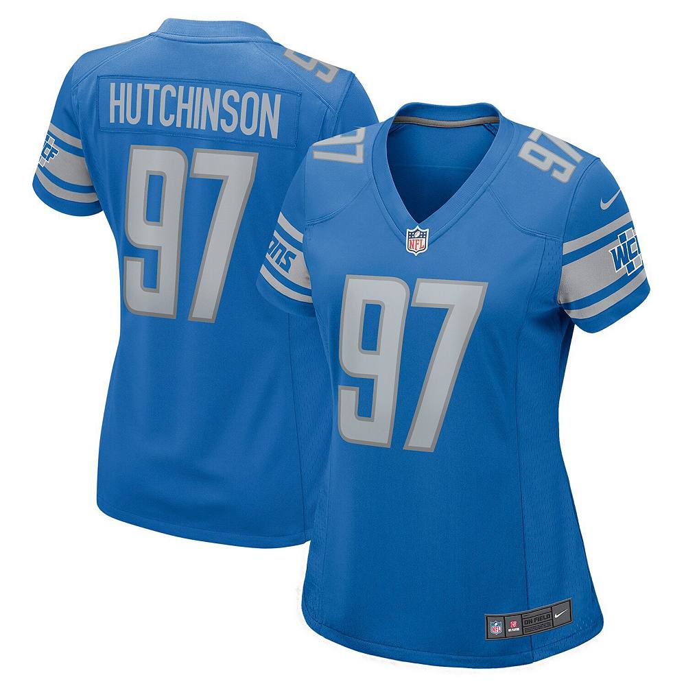 

Женская футболка Nike Aidan Hutchinson Blue Detroit Lions 2022, выбранная в первом раунде драфта НФЛ 2022 года, цвет Lns Blue