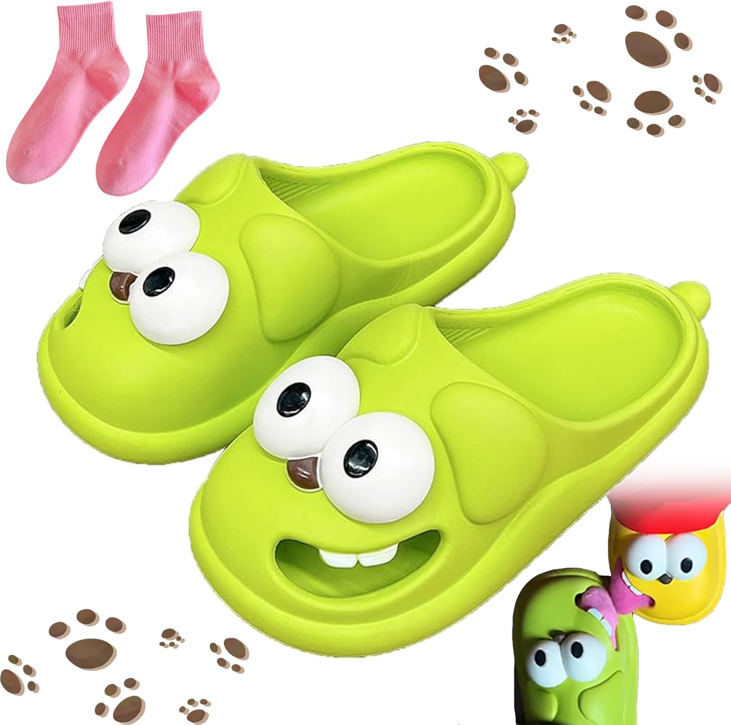 

Тапочки для поцелуев для пар - забавные 3D-тапочки с большими глазами и языком собаки, милые мультяшные домашние тапочки, нескользящие домашние тапочки для женщин и мужчин Kzaer, зеленый