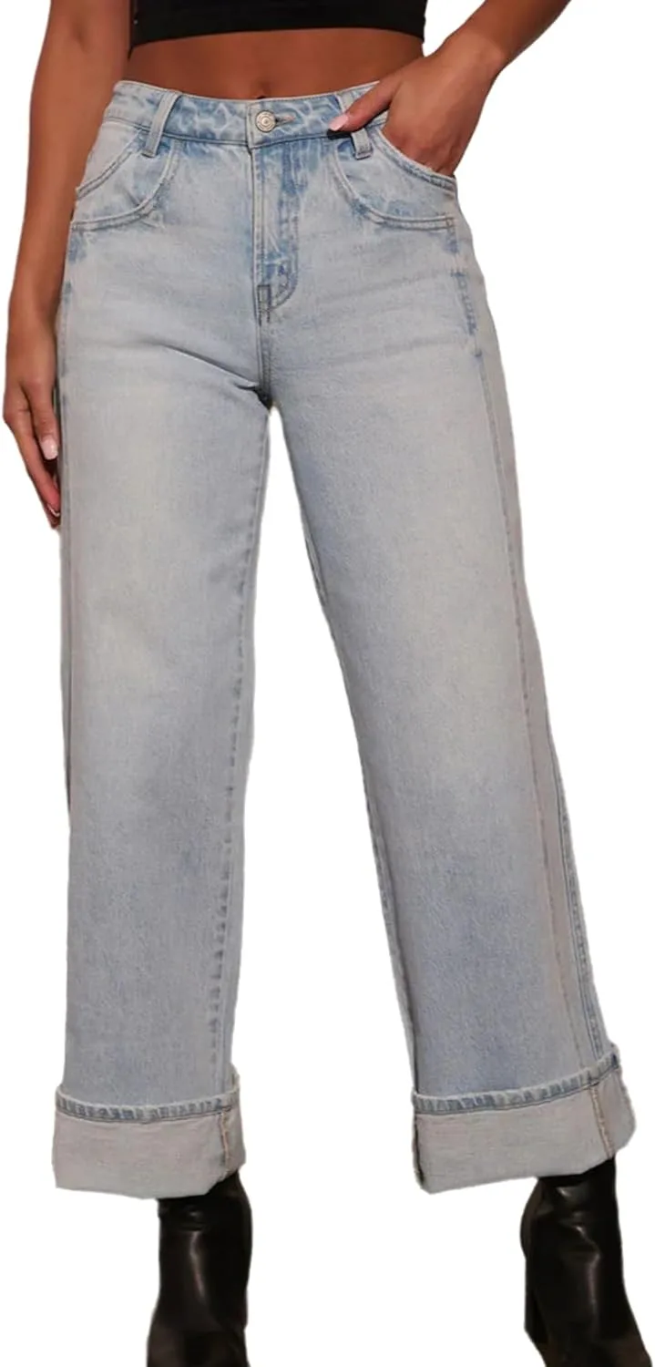 

Conshvi зауженные джинсы для женщин с высокой посадкой, широкие, прямые, эластичные