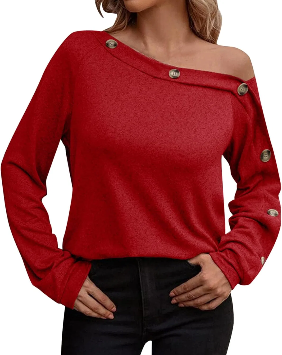 Блуза женская, Casual, длинный рукав, красный