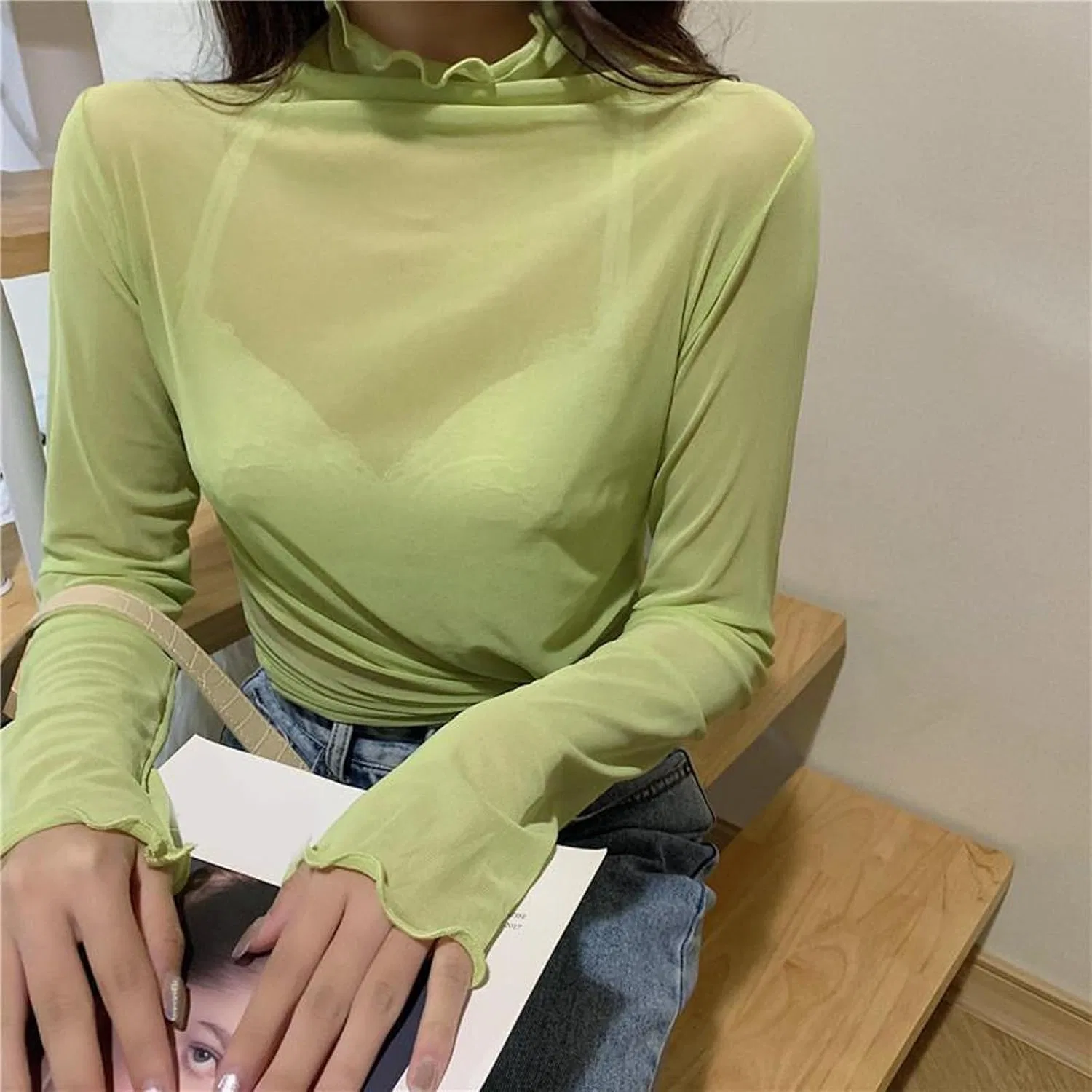 Блуза с кружевом, полупрозрачная из коллекции Autumn-Winter 18, зеленый — фото 3