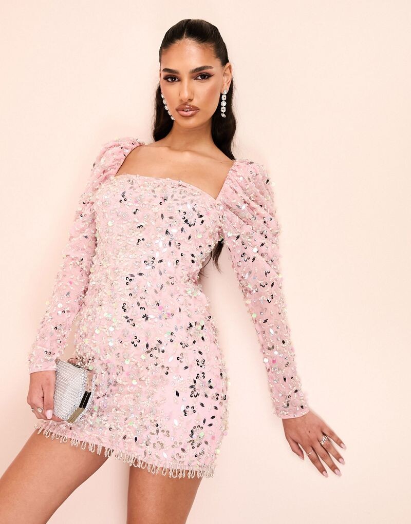 

Розовое платье мини с длинными рукавами и пайетками ASOS LUXE