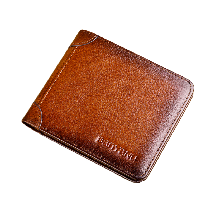 

Banyanu Кожаный мужской кошелек для денег и карт, Yellow Brown-Horizontal Trifold (inside and outside Top Grain Cow Leather) Anti-Skimming