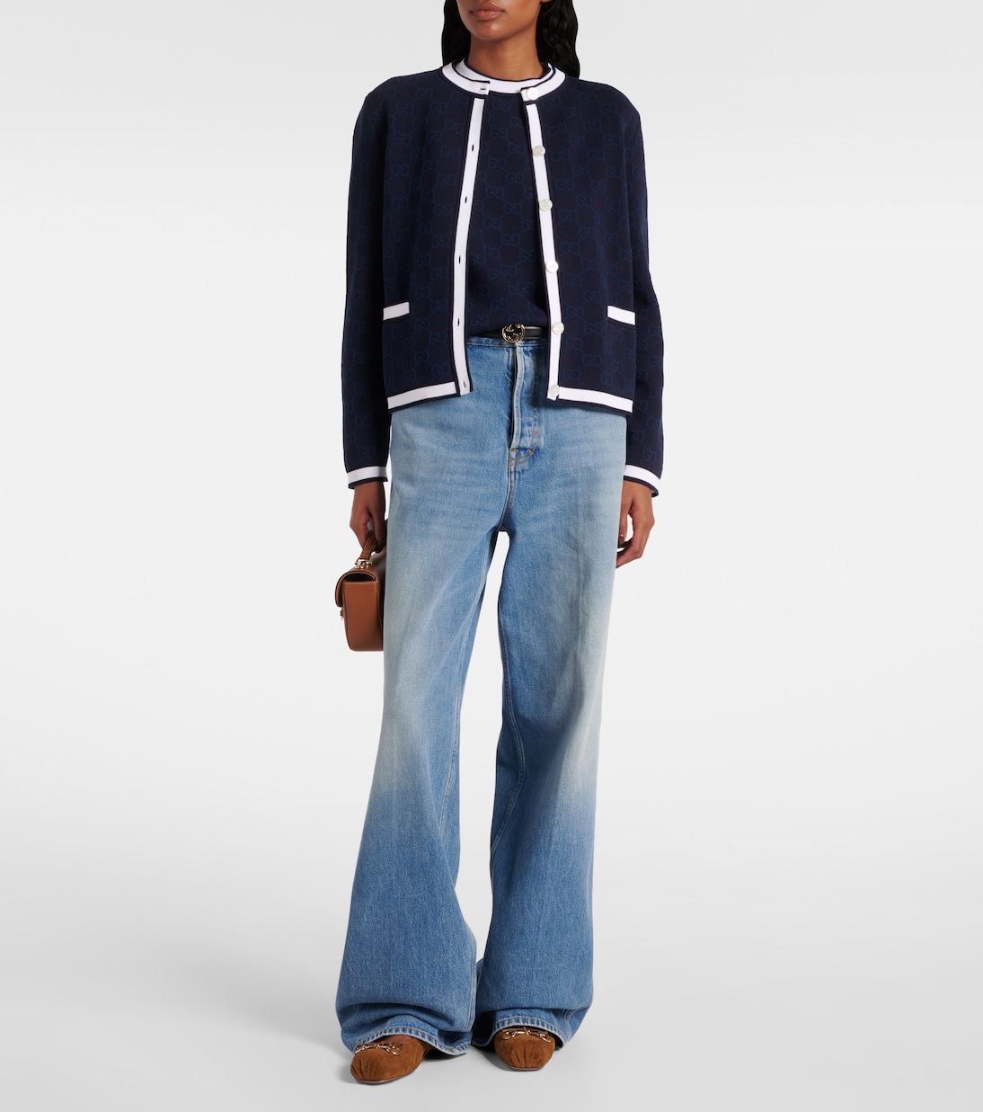 Кардиган из хлопка с интарсией GG Gucci, Navy/White — фото 2
