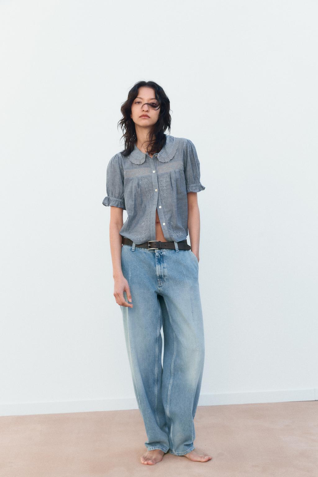

Рубашка с цветочной вышивкой ZARA, цвет Blue/Grey