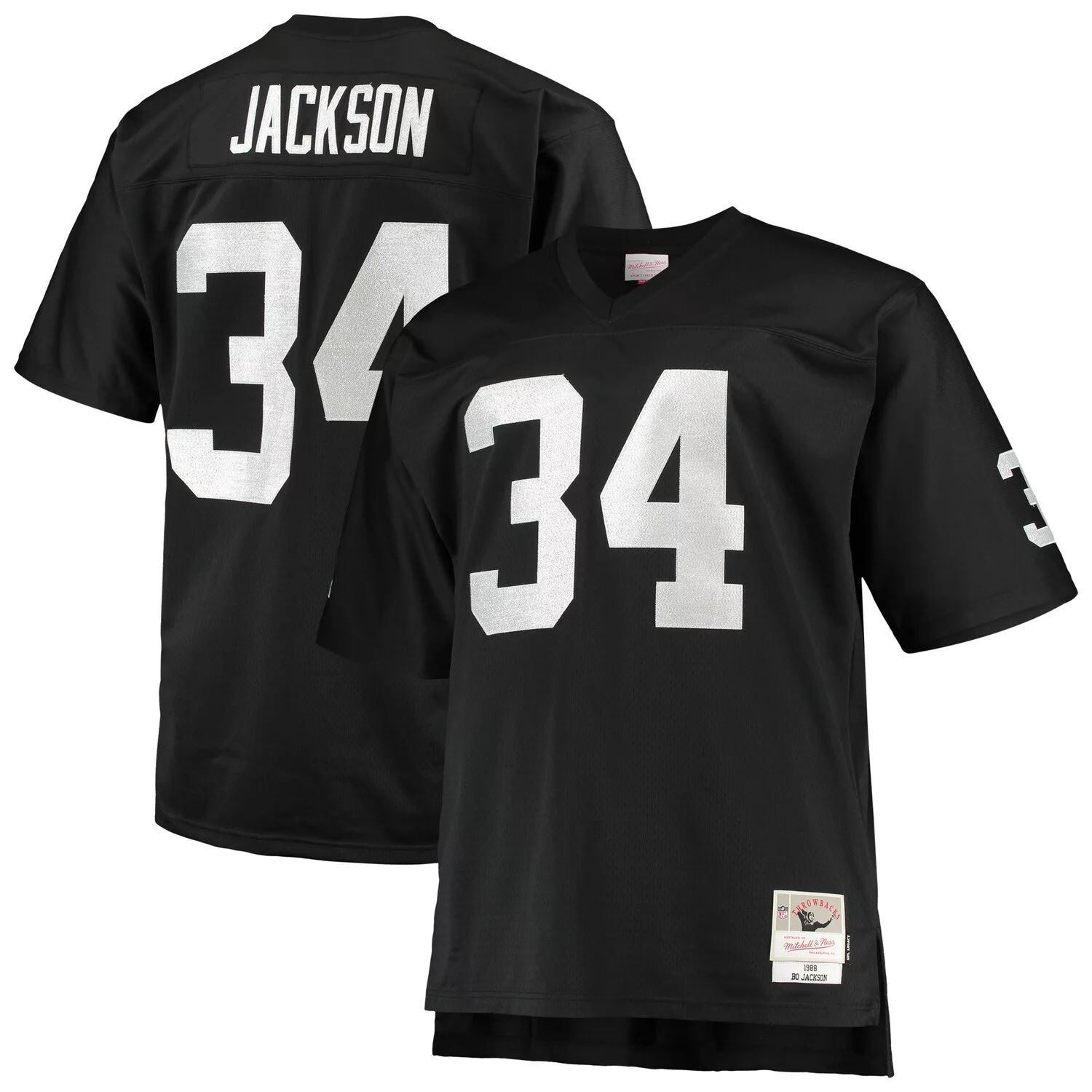 

Мужская черная футболка Mitchell & Ness Bo Jackson Las Vegas Raiders Big & Tall 1988 года, реплика пенсионера, Черный, Мужская черная футболка Mitchell & Ness Bo Jackson Las Vegas Raiders Big & Tall 1988 года, реплика пенсионера