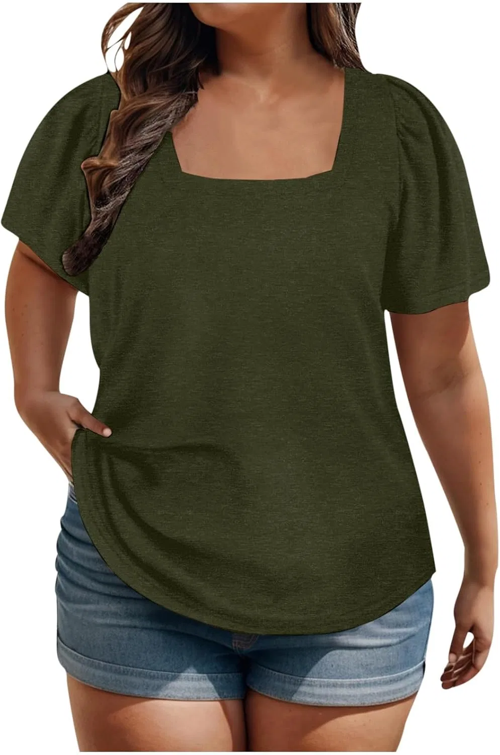 Блуза с квадратным вырезом, пышным рукавом, женская, повседневная, свободная, army green