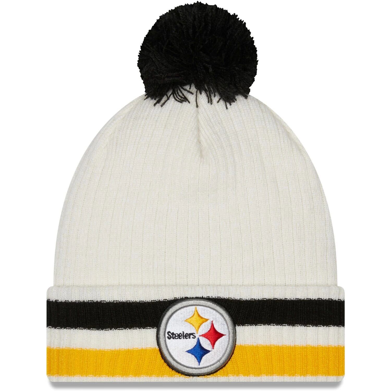

Мужская белая вязаная шапка New Era Pittsburgh Steelers с манжетами и помпоном в стиле ретро