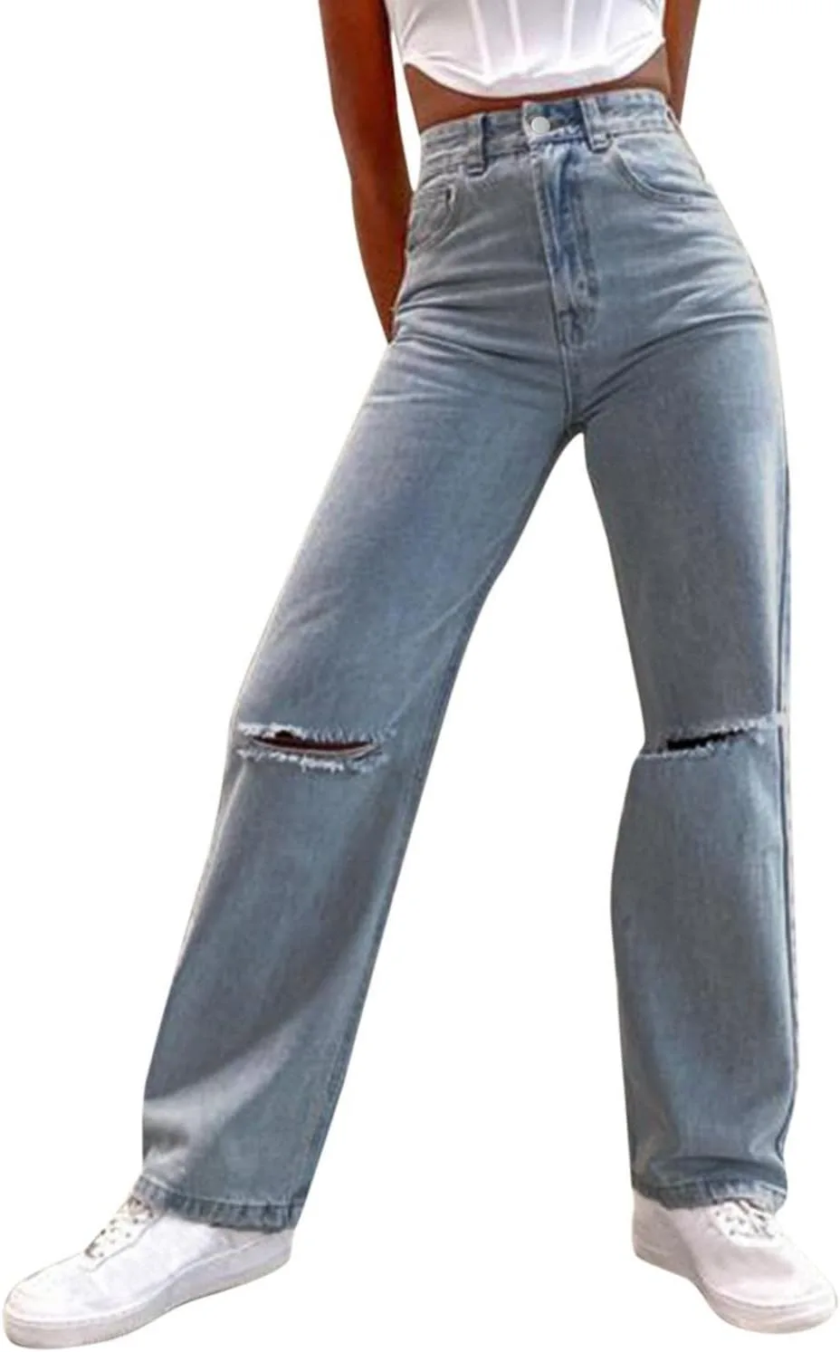 

Женские джинсы LIUguoo с потертостями и разрезами, прямые, с высокой талией