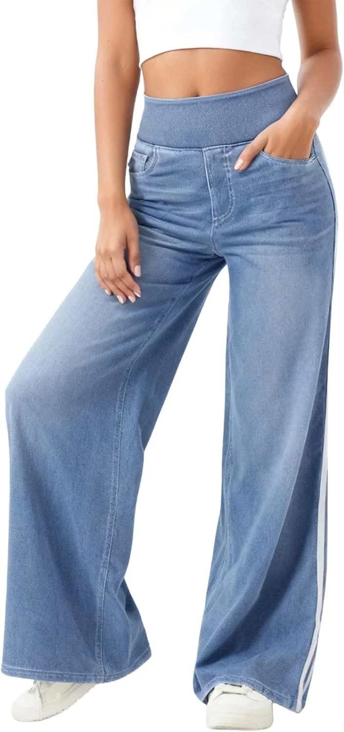 

Женские джинсы Washed Blue Denim Wide Leg с боковой полосой