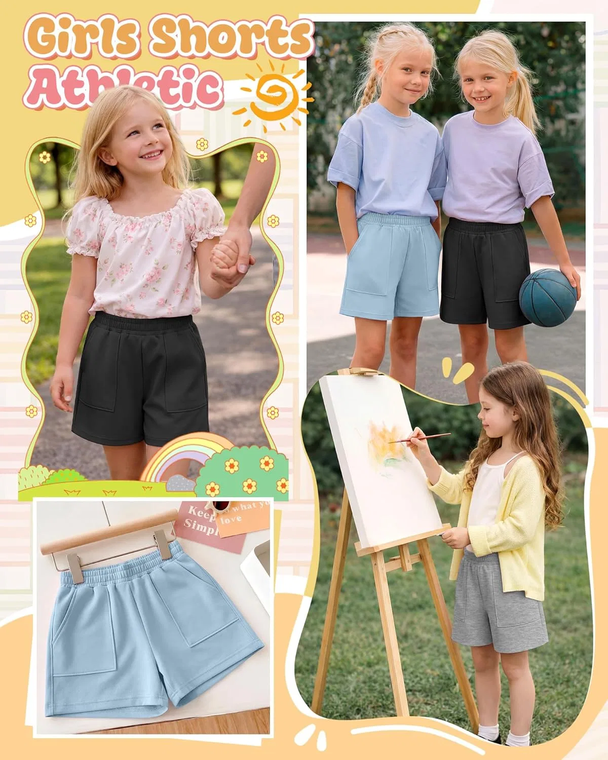 Детские шорты 3 шт, спортивные, на резинке, с карманами, Light Blue, Light Heather Gray, Black — фото 2