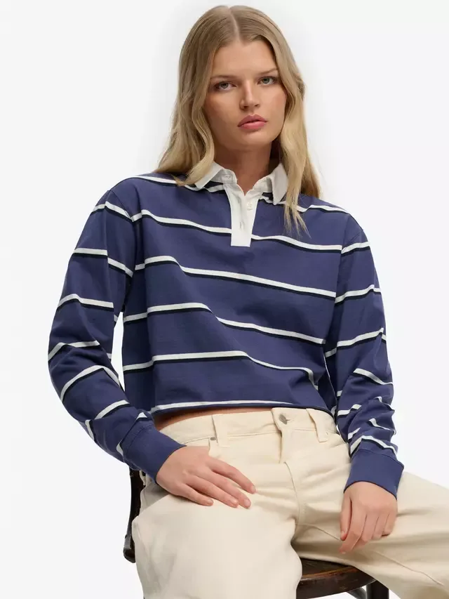 Укороченная полосатая футболка для регби Athletic Essentials, темно-синяя/бежевая полоска Superdry — фото 4