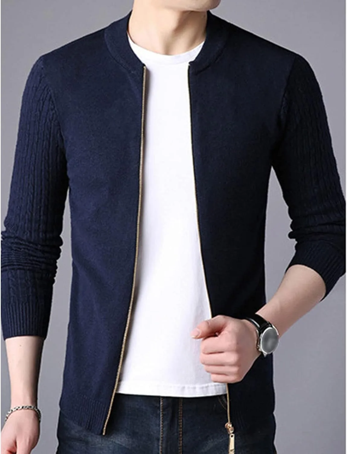 Мужской кардиган на молнии Slim Fit с кабельной вязкой и карманами — фото 3