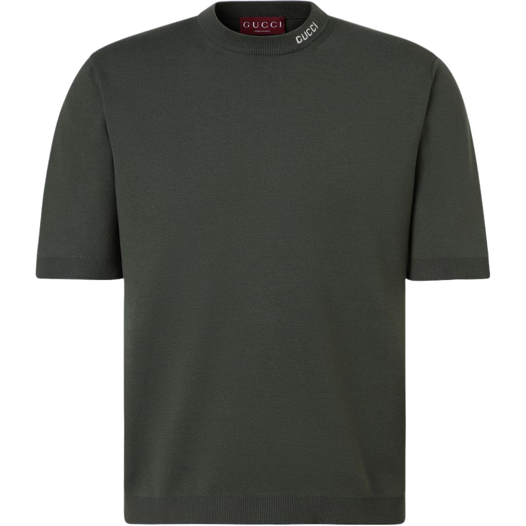 

Шелковая хлопковая футболка с интарсией GUCCI, зеленый