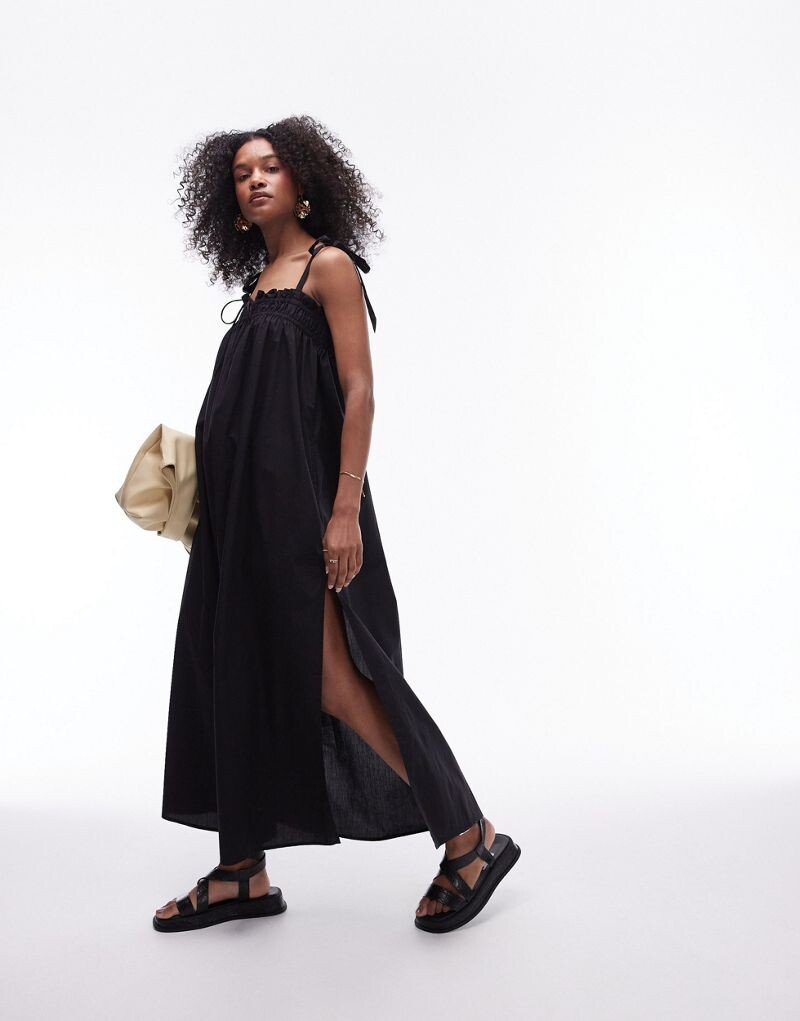 

Topshop – длинное черное платье из поплина со сборкой на груди
