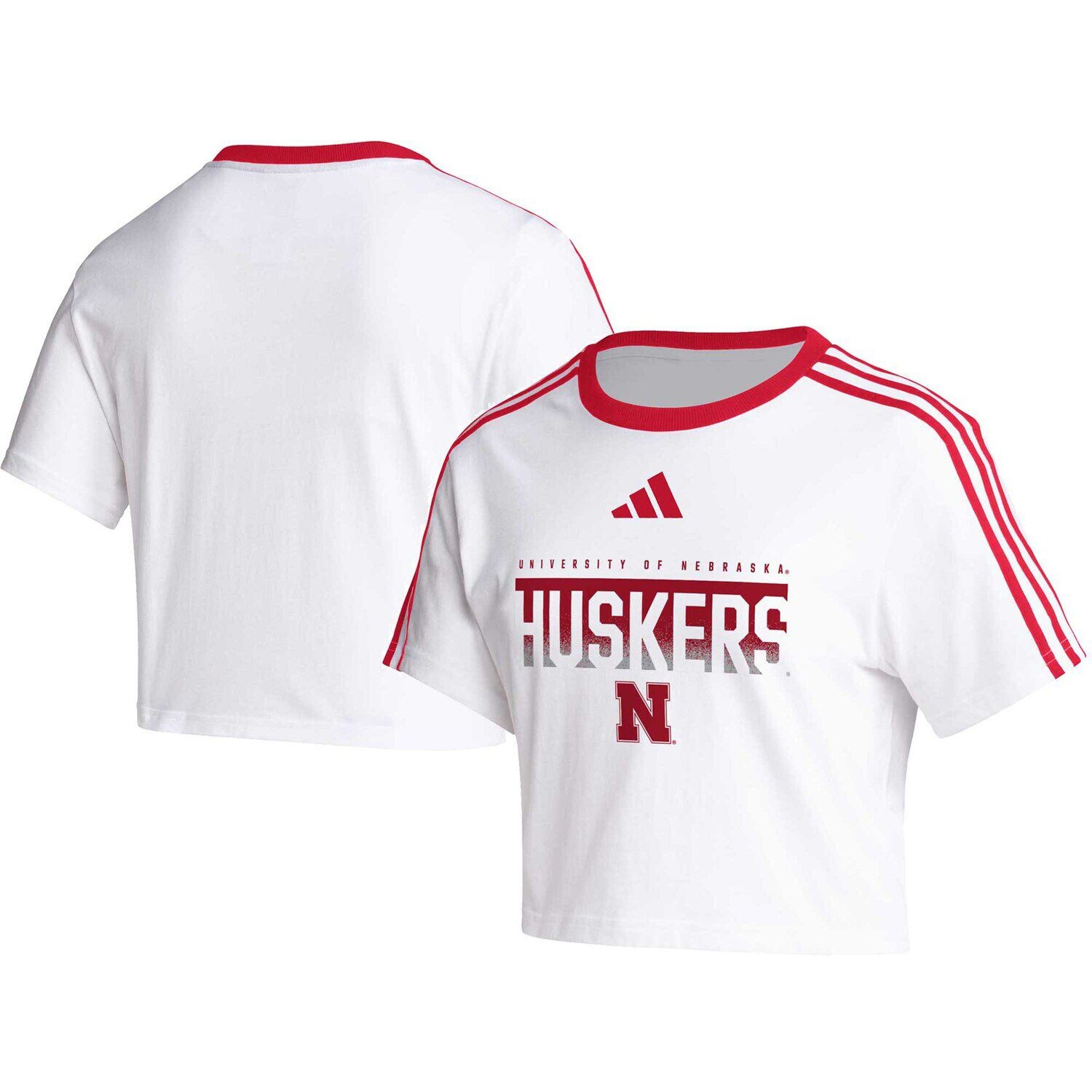

Женская укороченная футболка с тремя полосками adidas White Nebraska Huskers adidas