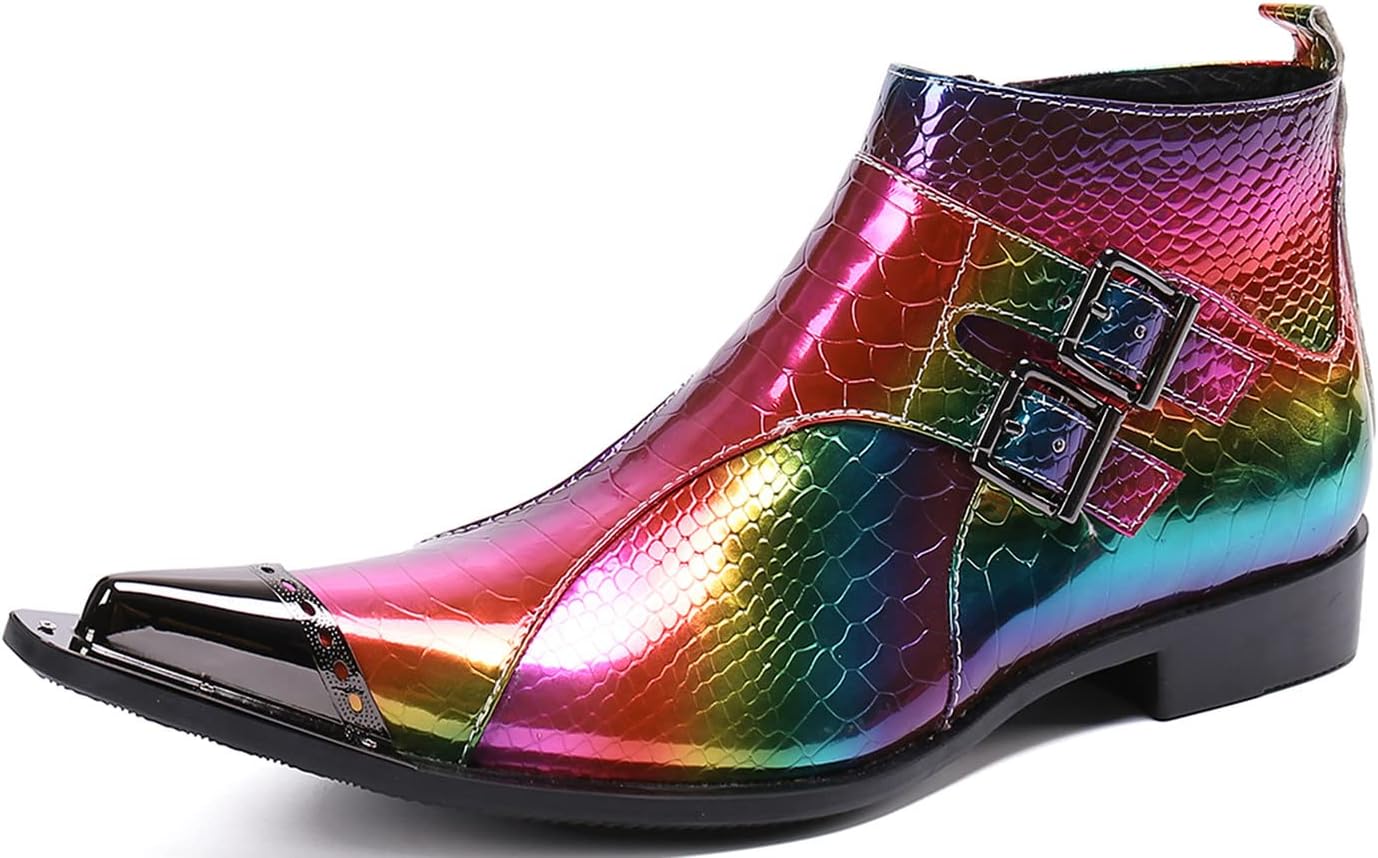 

Мужские повседневные ботинки Santimon Rainbow Chelsea до щиколотки - из натуральной кожи, панк-готические метал-ботинки с заостренным носком и двойной пряжкой, для вечеринок, рок-концертов, клубов и диско, Colorful