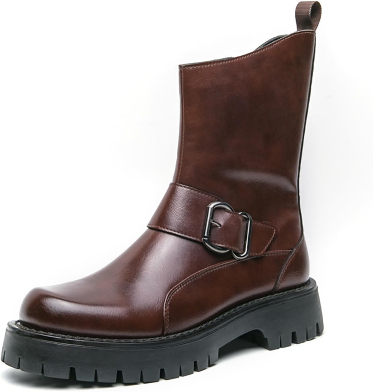 

Мужские ботинки Челси из натуральной кожи средней длины с пряжкой, низкой массивной подошвой, круглым носком, удобные, повседневного стиля для ежедневного наряда, формального офиса и деловой одежды Tengfeifly, коричневый