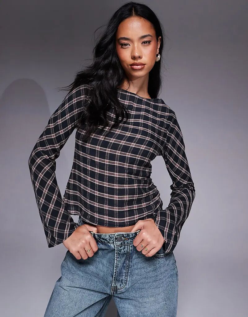 

Топ ASOS DESIGN с косым вырезом, длинными рукавами и сборками в клетку