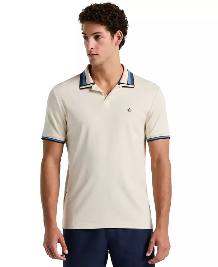 

Мужская хлопковая поло с контрастными манжетами и воротником Slim-Fit Original Penguin, коричневый/бежевый