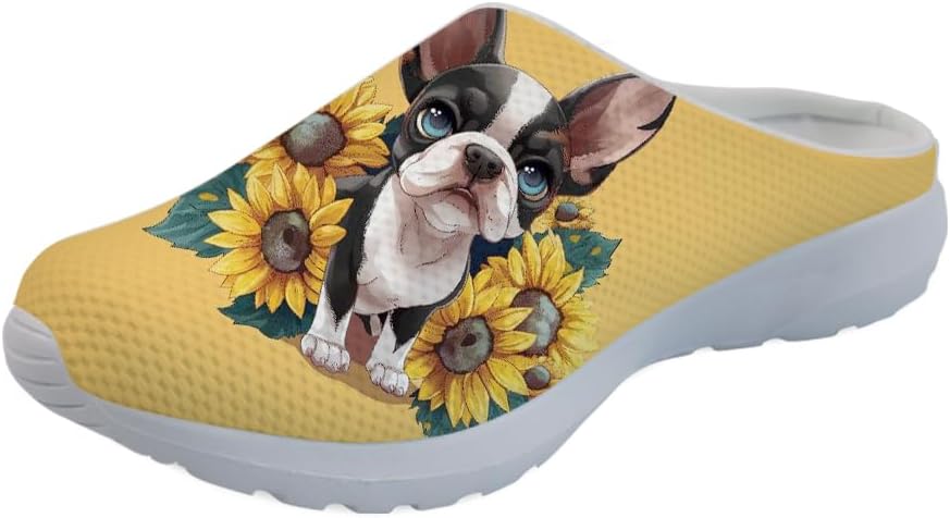 

Кроссовки Forchrinse Native Indian Aztec Hippie Mandala для мужчин, прогулочные мулы; женские слипоны, садовые сабо, тапочки с открытой пяткой, обувь для дома и ухода, Sunflower Boston Terrier