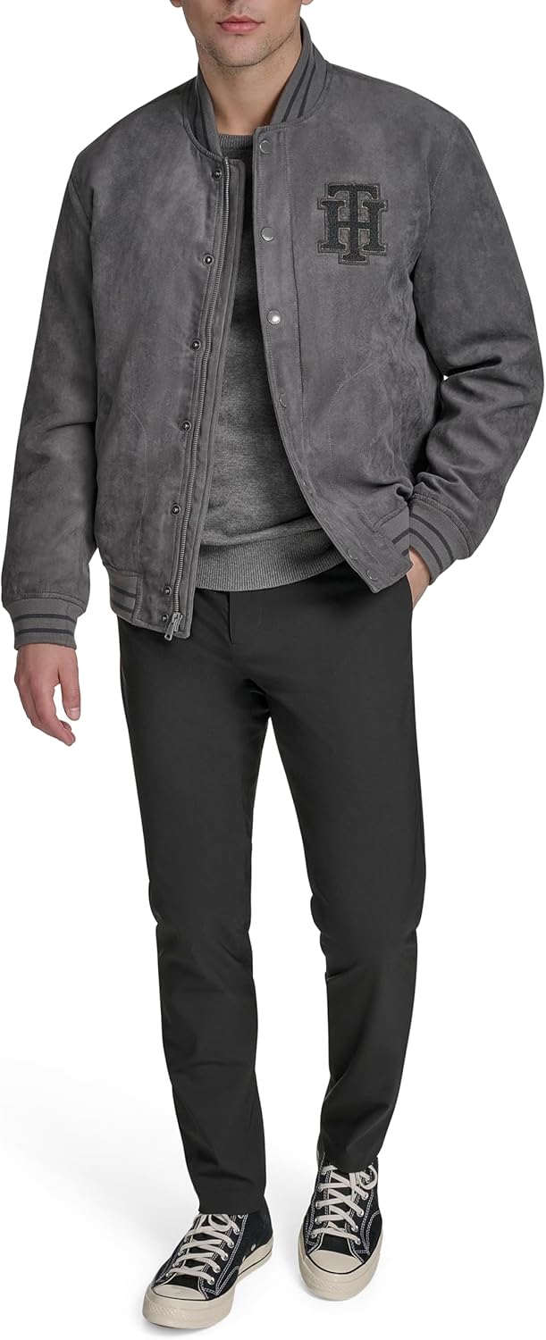 Мужская куртка-бомбер Tommy Hilfiger из искусственной замши с логотипом Varsity, Grey — фото 2
